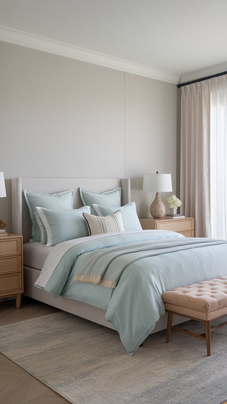 12 Blue Bedroom Aesthetic Inspirations for a Serene Atmosphere A neatly styled bed with pastel blue bedding, white pillows, and soft lighting for a cosy feel.
