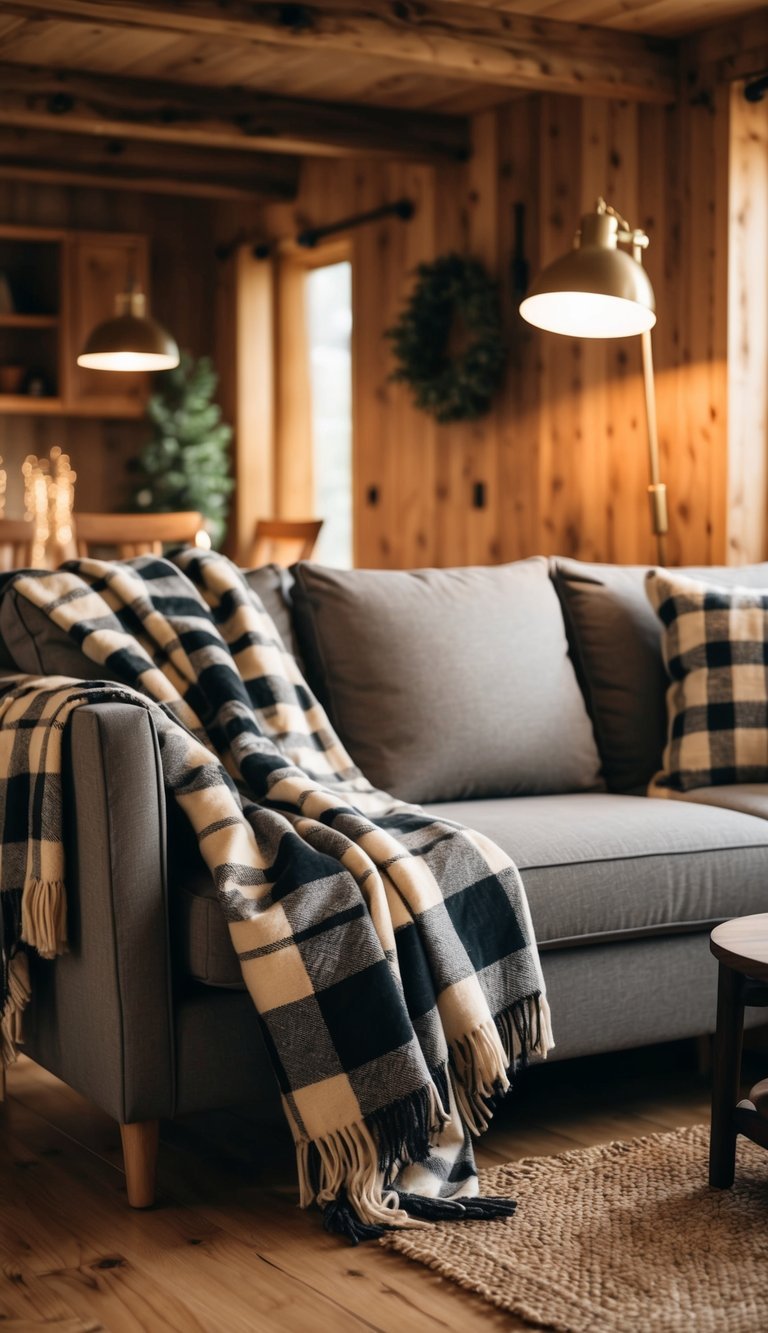 A soft plaid throw blanket draped over a couch, adding warmth to the rustic decor.