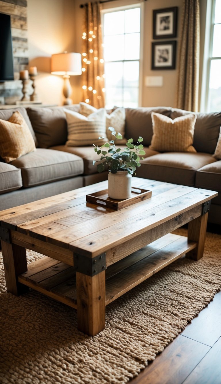A weathered reclaimed wood coffee table with visible grain patterns, placed in a rustic living room.