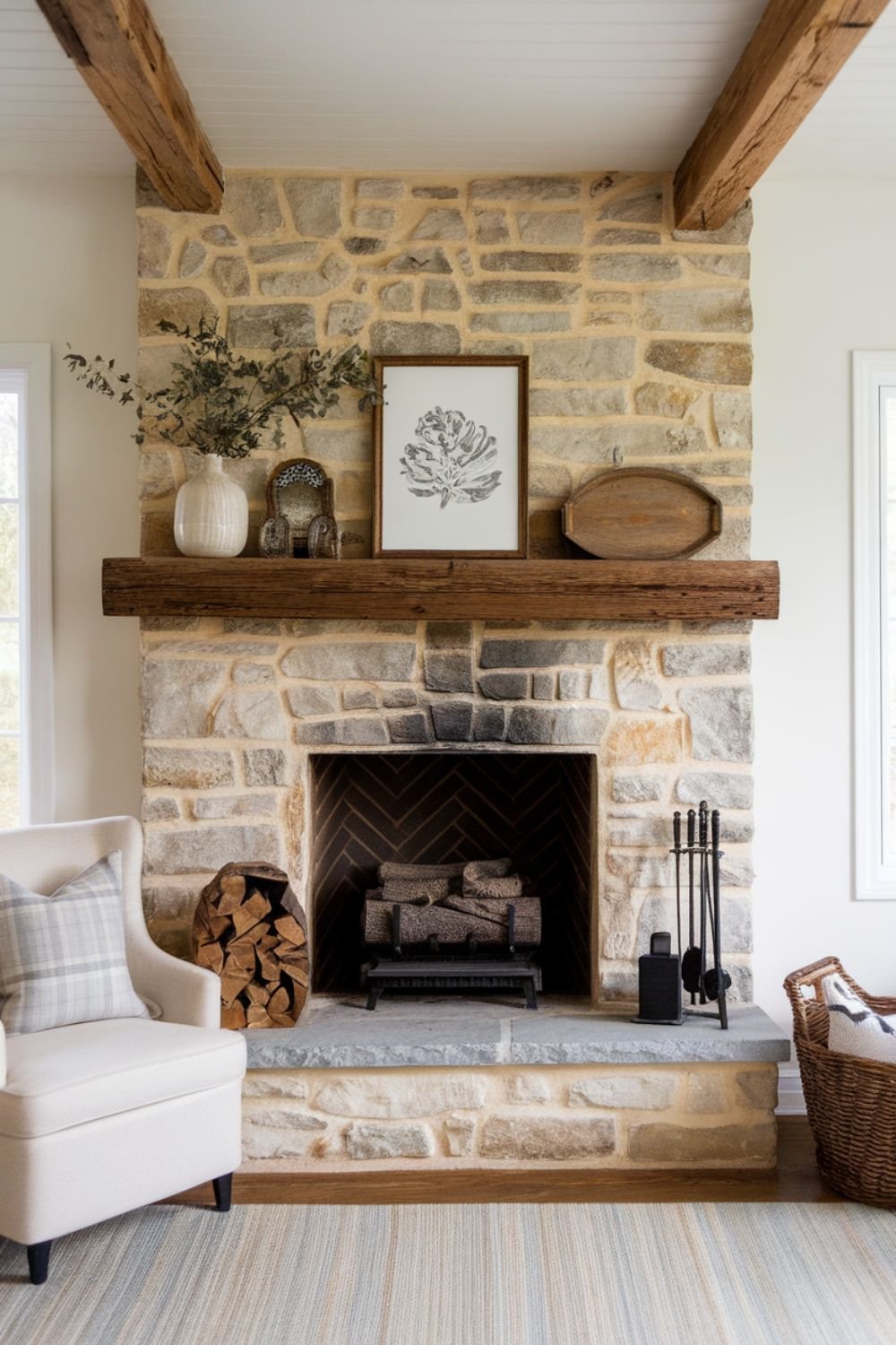 Reclaimed wood fireplace mantel adorned with vintage decor and soft lighting.