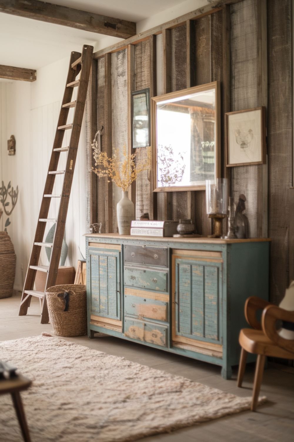 Antique sideboard with a weathered finish, decorated with vintage books and a floral vase.