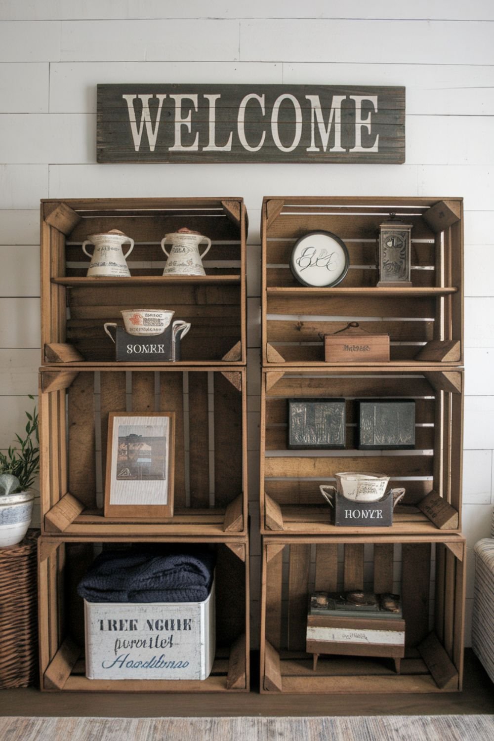 Wooden crate shelves repurposed as farmhouse storage, displaying books and plants.