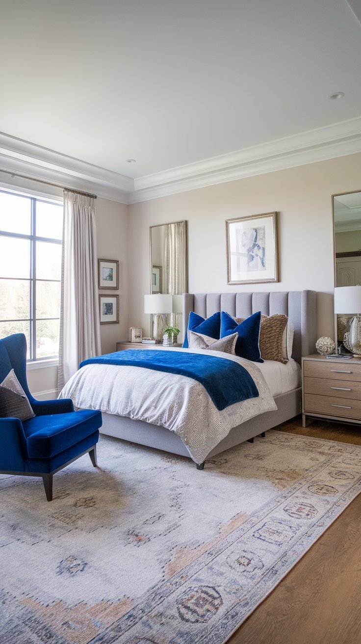 12 Blue Bedroom Aesthetic Inspirations for a Serene Atmosphere A royal blue accent chair placed in a cosy bedroom corner with a reading lamp and side table.