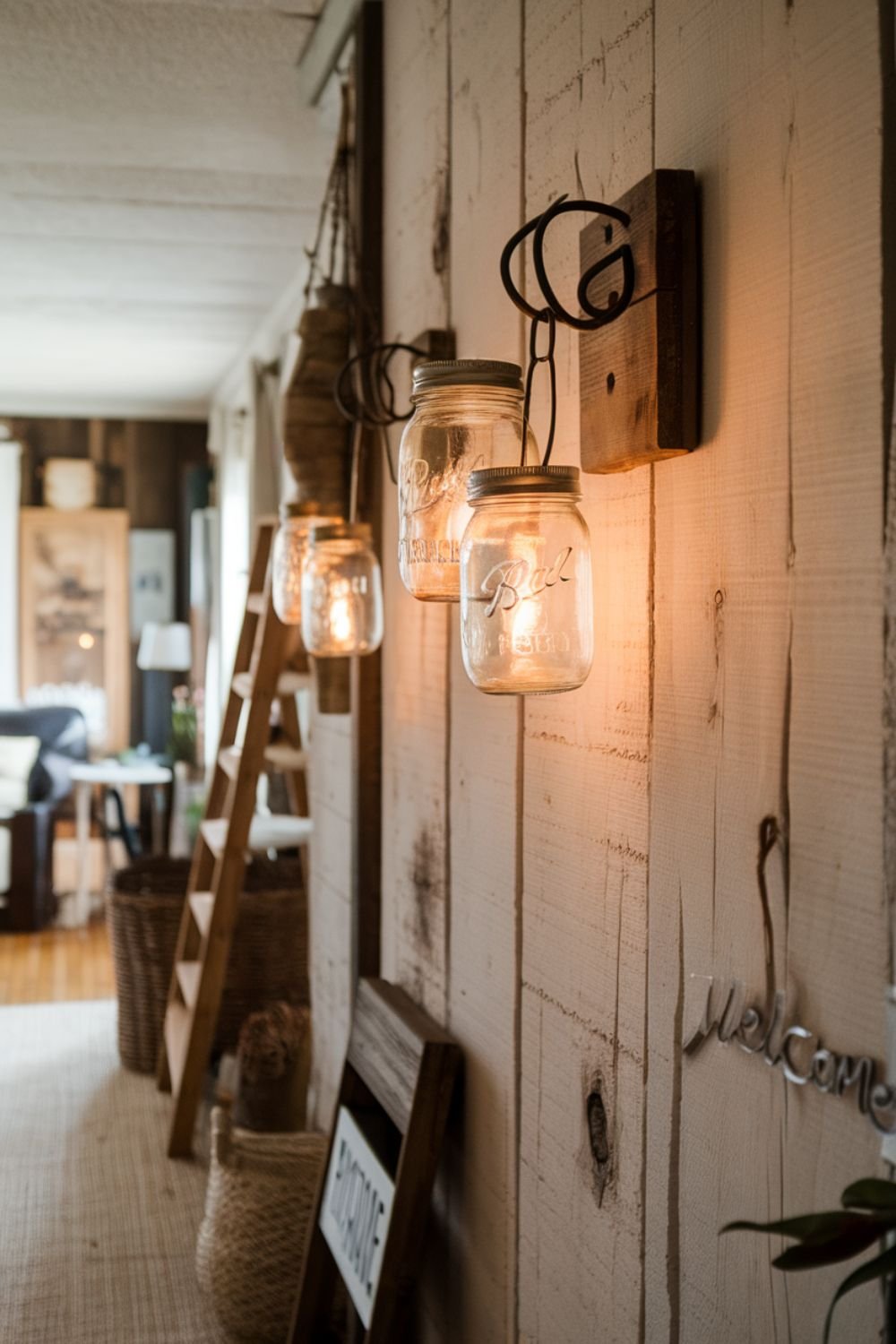 Wall-mounted mason jar sconces with Edison bulbs, providing warm farmhouse lighting.
