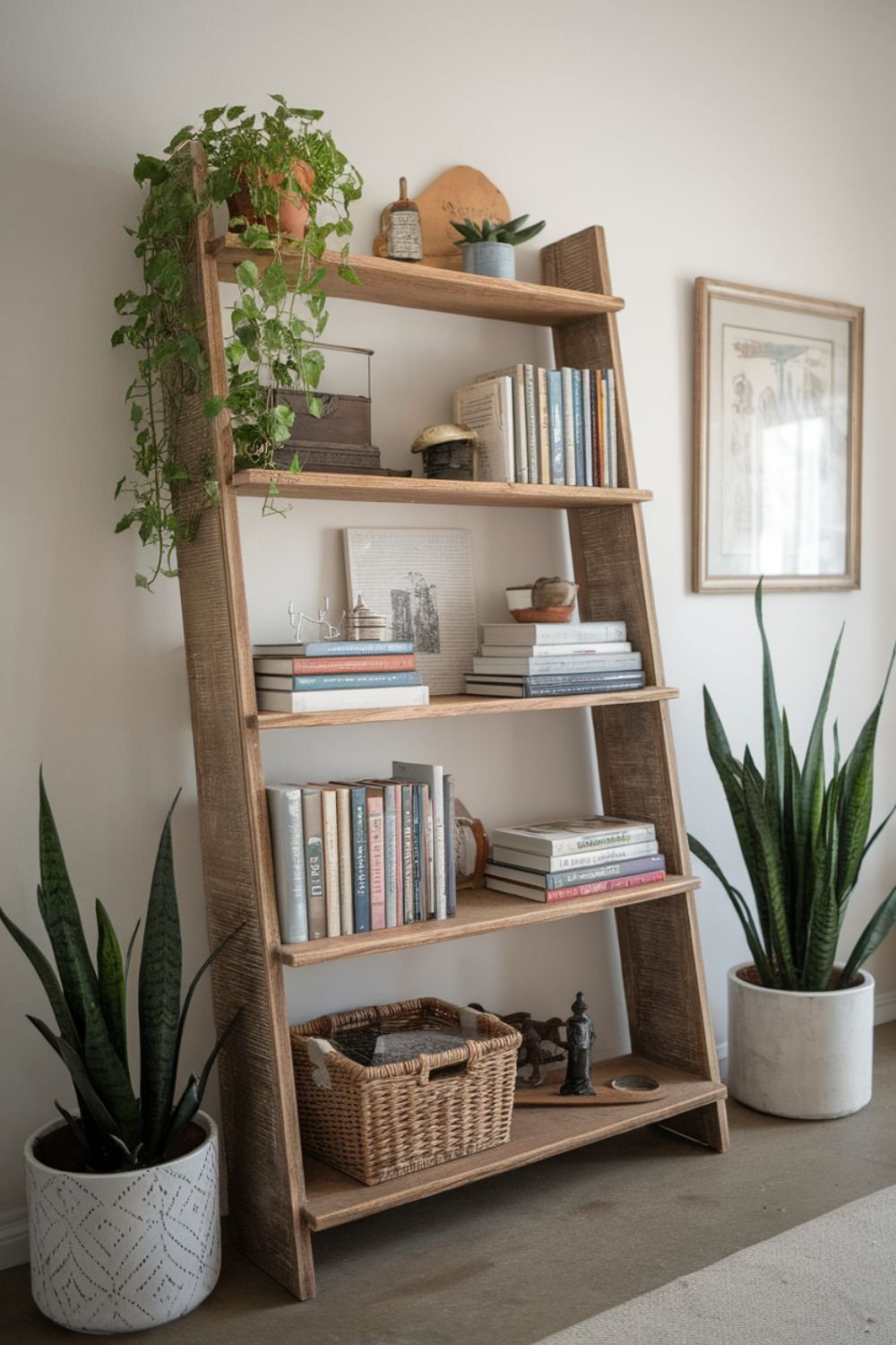 Rustic wooden ladder bookshelf leaning against a wall, displaying books and decorative accents.
