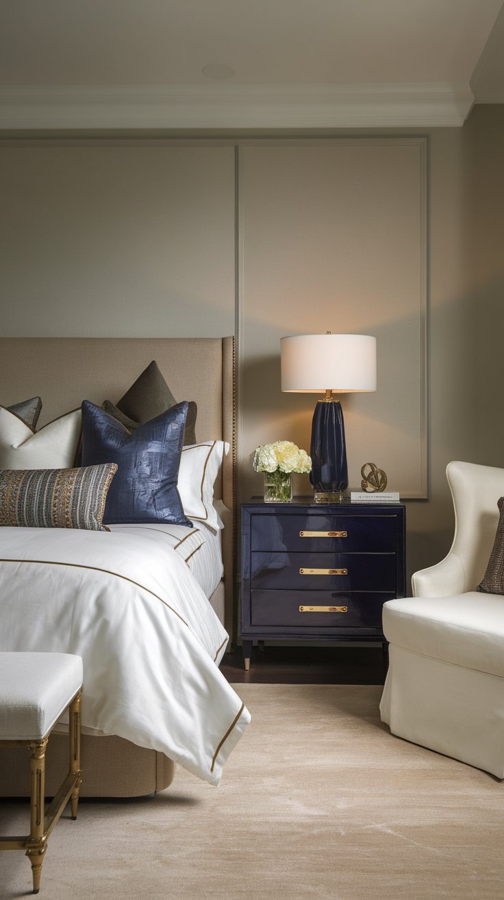 12 Blue Bedroom Aesthetic Inspirations for a Serene Atmosphere A bedroom featuring deep sapphire blue bedside tables with gold handles, complementing a modern decor.
