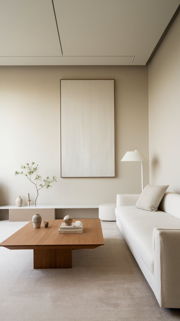 Minimalist-style living room with neutral tones, simple furniture, and clutter-free surfaces.