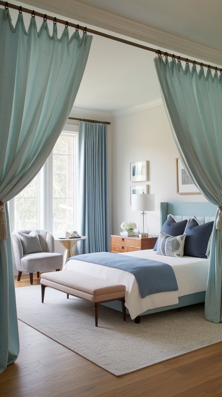 12 Blue Bedroom Aesthetic Inspirations for a Serene Atmosphere A bedroom with flowing aqua blue curtains filtering natural light, creating a tranquil ambiance.