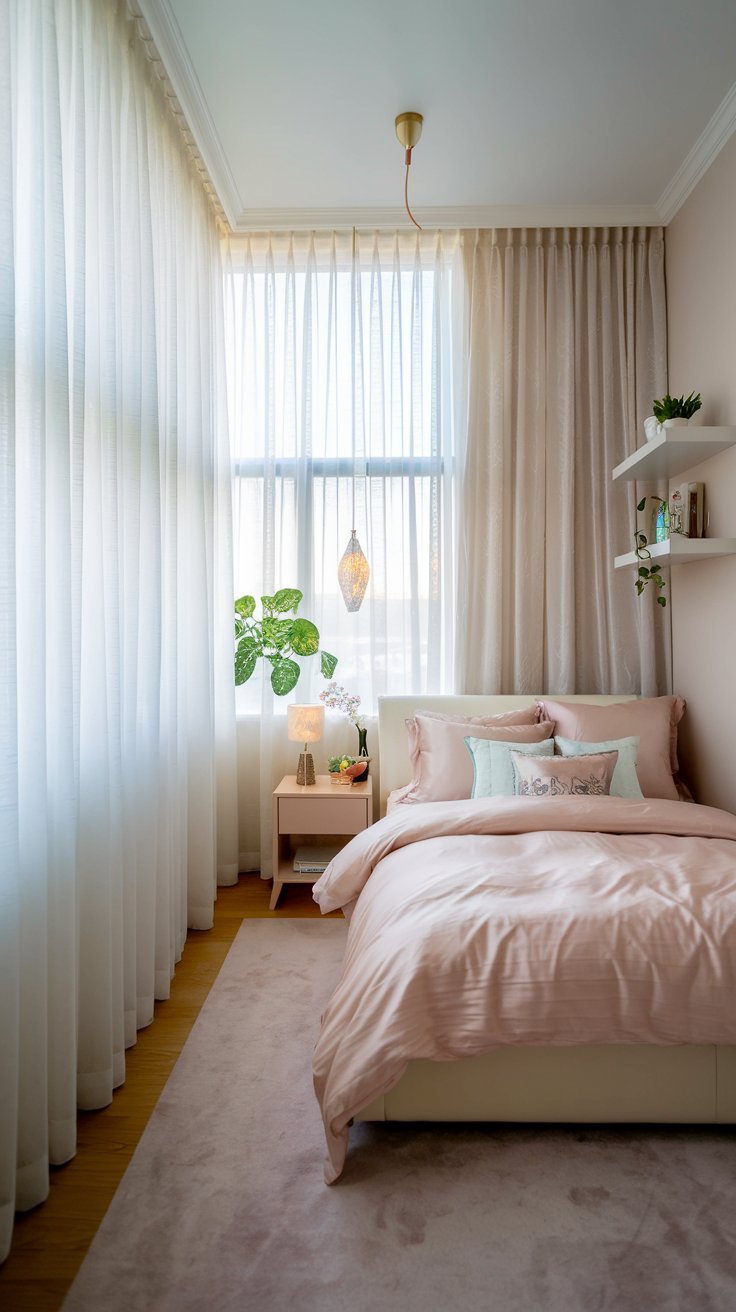 10 Stylish Bedroom Designs for Women with Limited Space Bedroom with sheer white curtains enhancing natural light and openness.