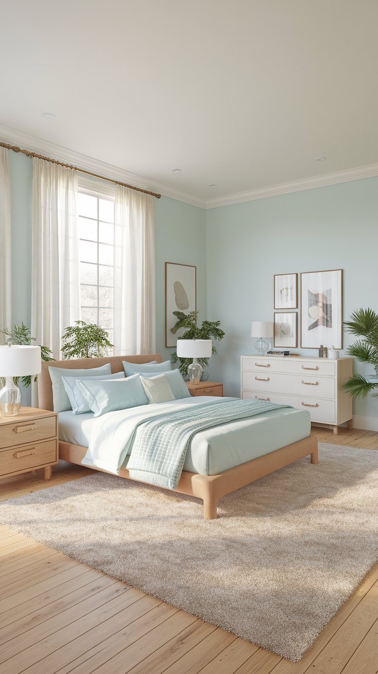 12 Blue Bedroom Aesthetic Inspirations for a Serene Atmosphere A bedroom with sky blue walls, white trim, and wooden furniture, creating a fresh and airy feel.