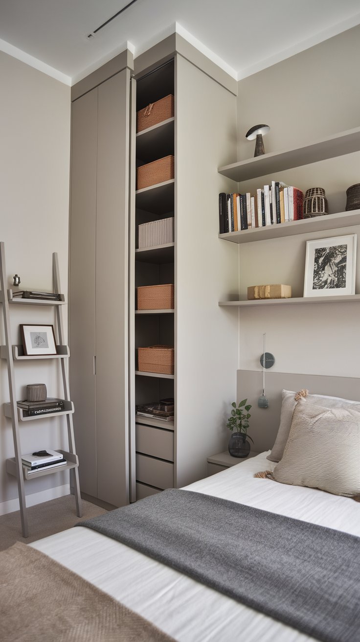 10 Stylish Bedroom Designs for Women with Limited Space Bedroom with tall shelving units and floating shelves for smart vertical storage.