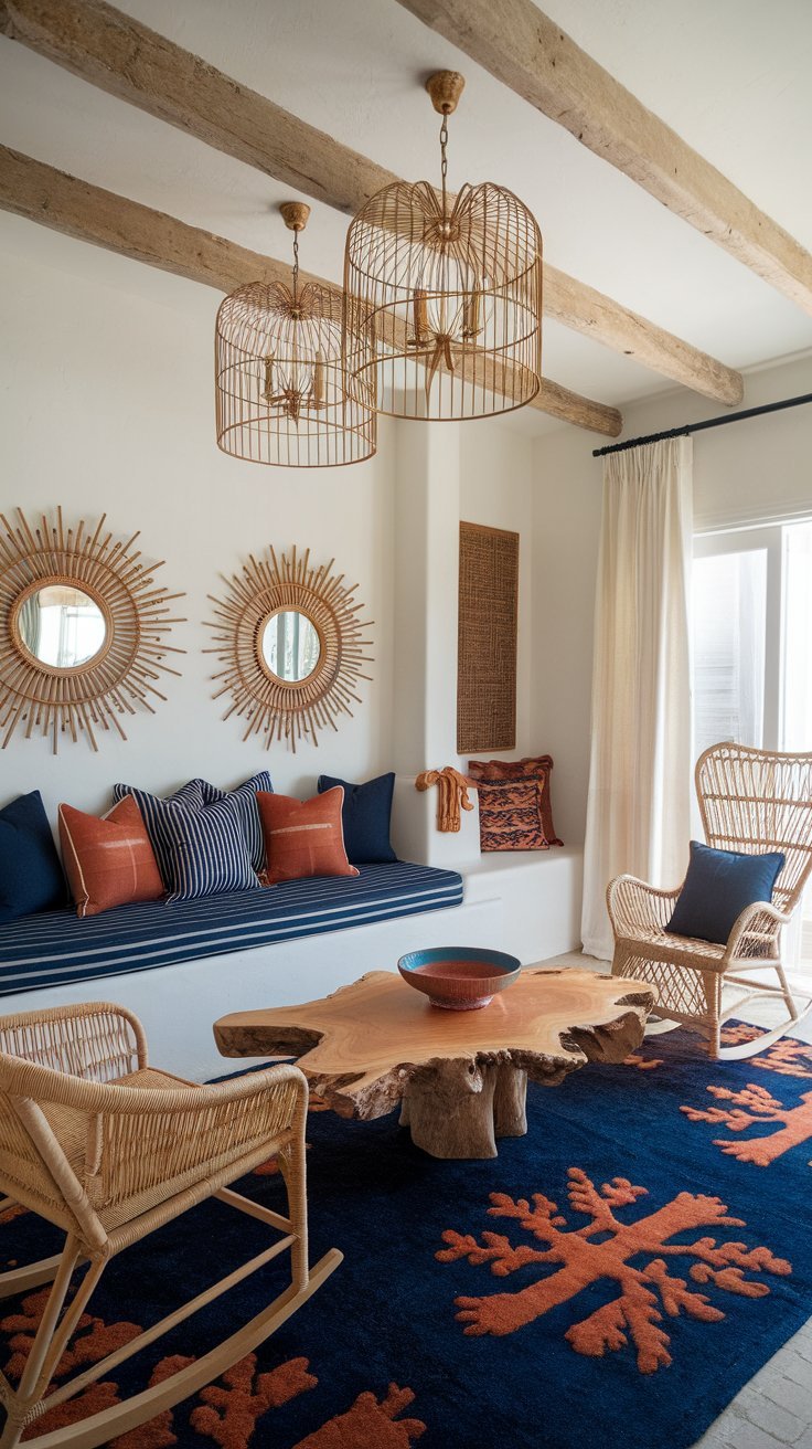 Boho-style living room with rattan furniture, wooden beams, woven pendant lights, and a raw-edge coffee table.