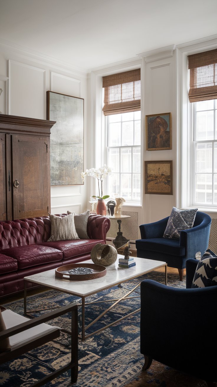 Classic living room with a deep red leather Chesterfield sofa, navy blue armchairs, a marble coffee table, and vintage artwork on paneled walls.