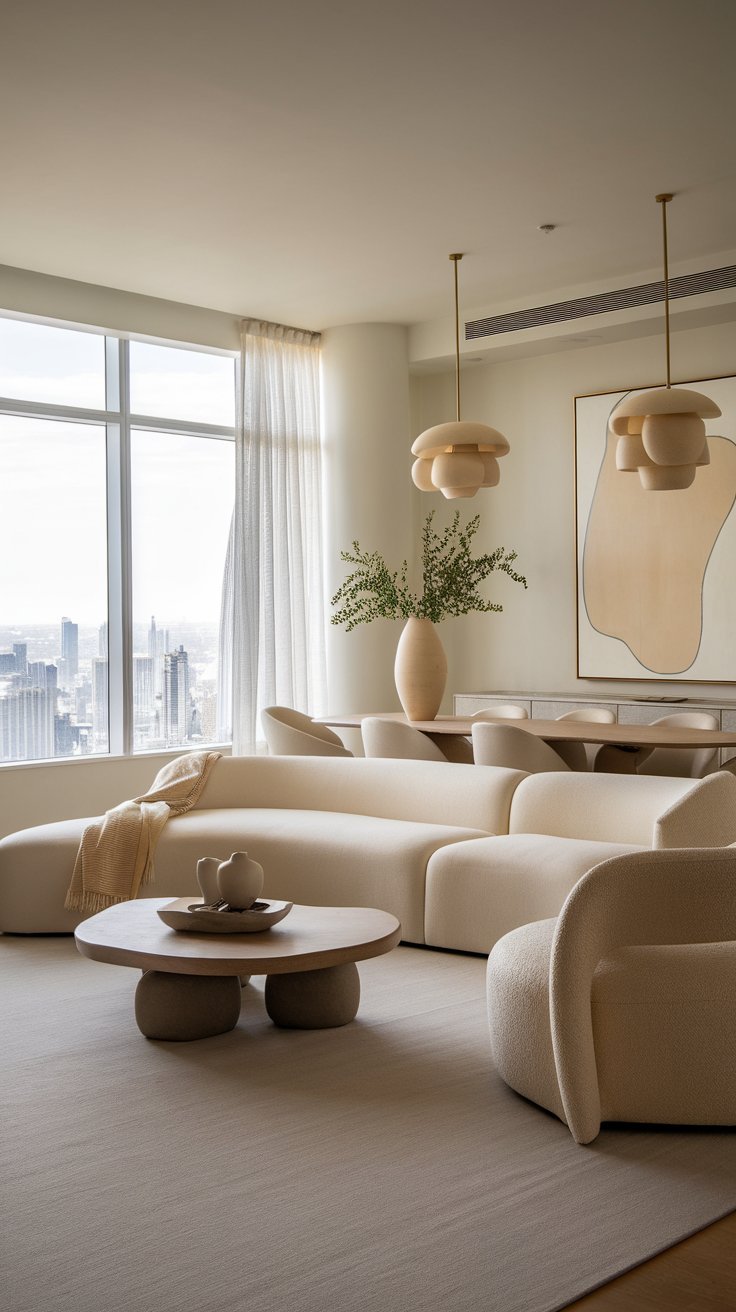Modern minimalist living room with a neutral-toned curved sofa, sculptural coffee table, abstract artwork, and floor-to-ceiling windows overlooking a city skyline.