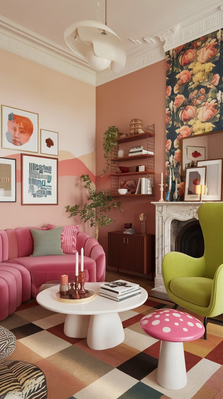 Vibrant eclectic living room with a pink curved sofa, green accent chair, floral wallpaper, abstract wall art, and playful mushroom-shaped stools.