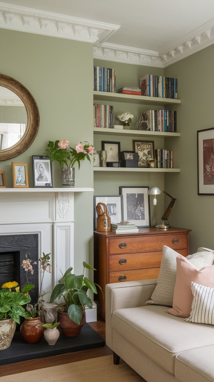 Cozy and elegant living room with sage green walls, a white fireplace, built-in bookshelves, vintage wooden dresser, and indoor plants for a warm, classic ambiance.