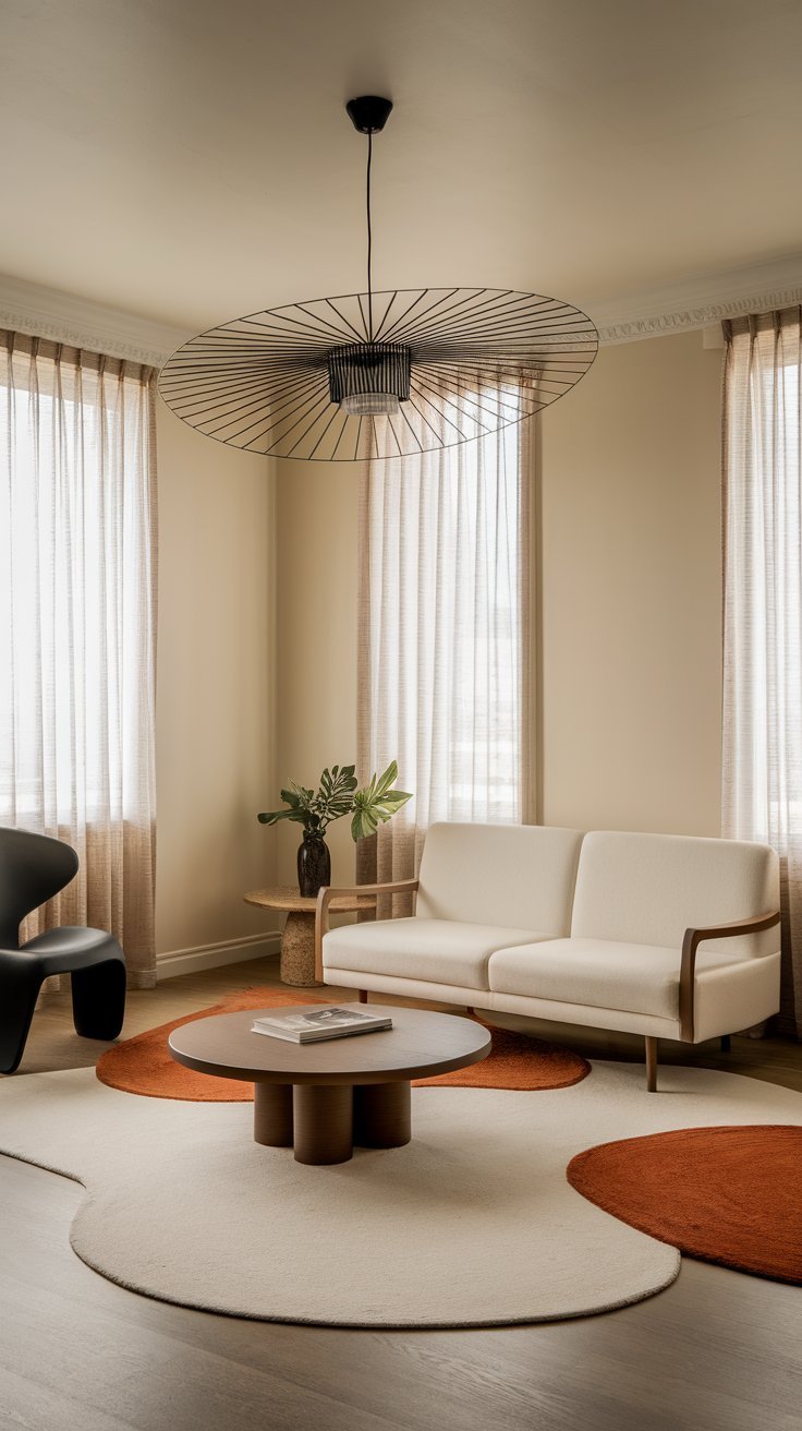 Minimalist living room with a neutral color palette, modern furniture, and geometric lighting. Sheer curtains allow natural light to create a soft, airy ambiance.