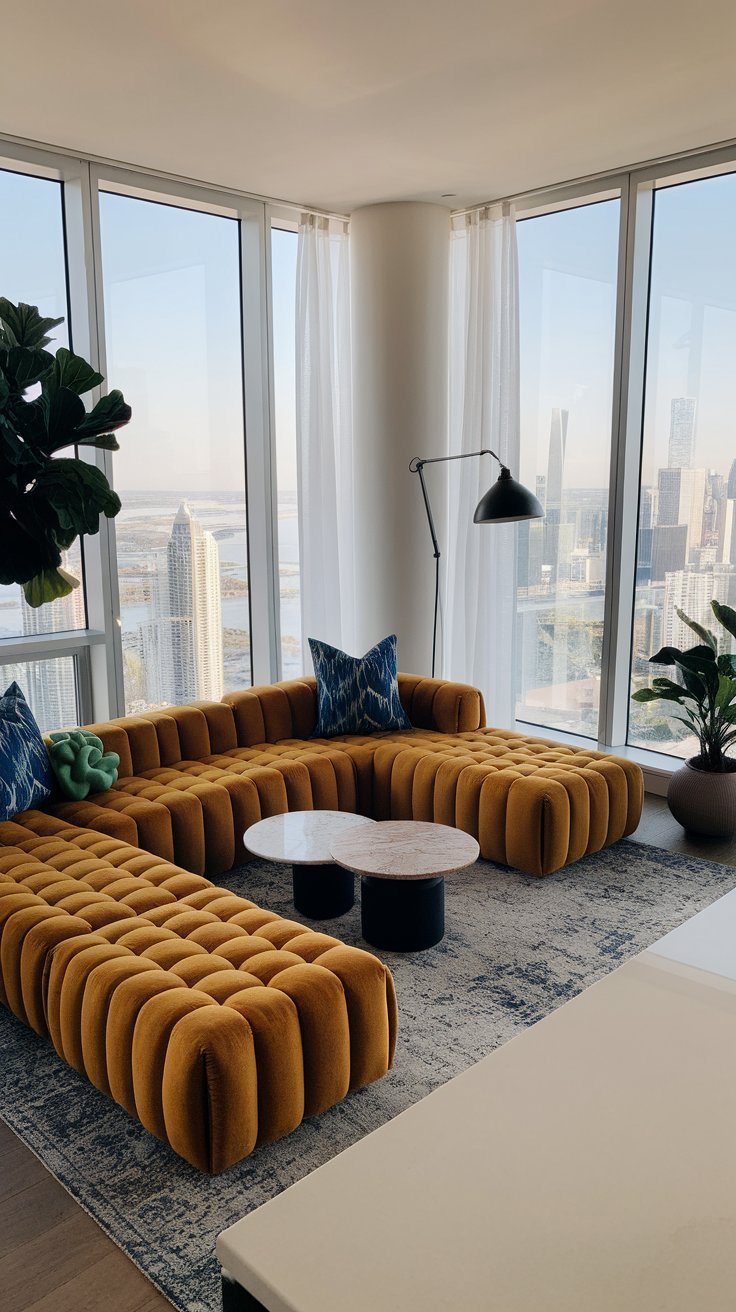 Luxurious high-rise living room with a mustard yellow tufted sectional, floor-to-ceiling windows, city views, and modern decor.