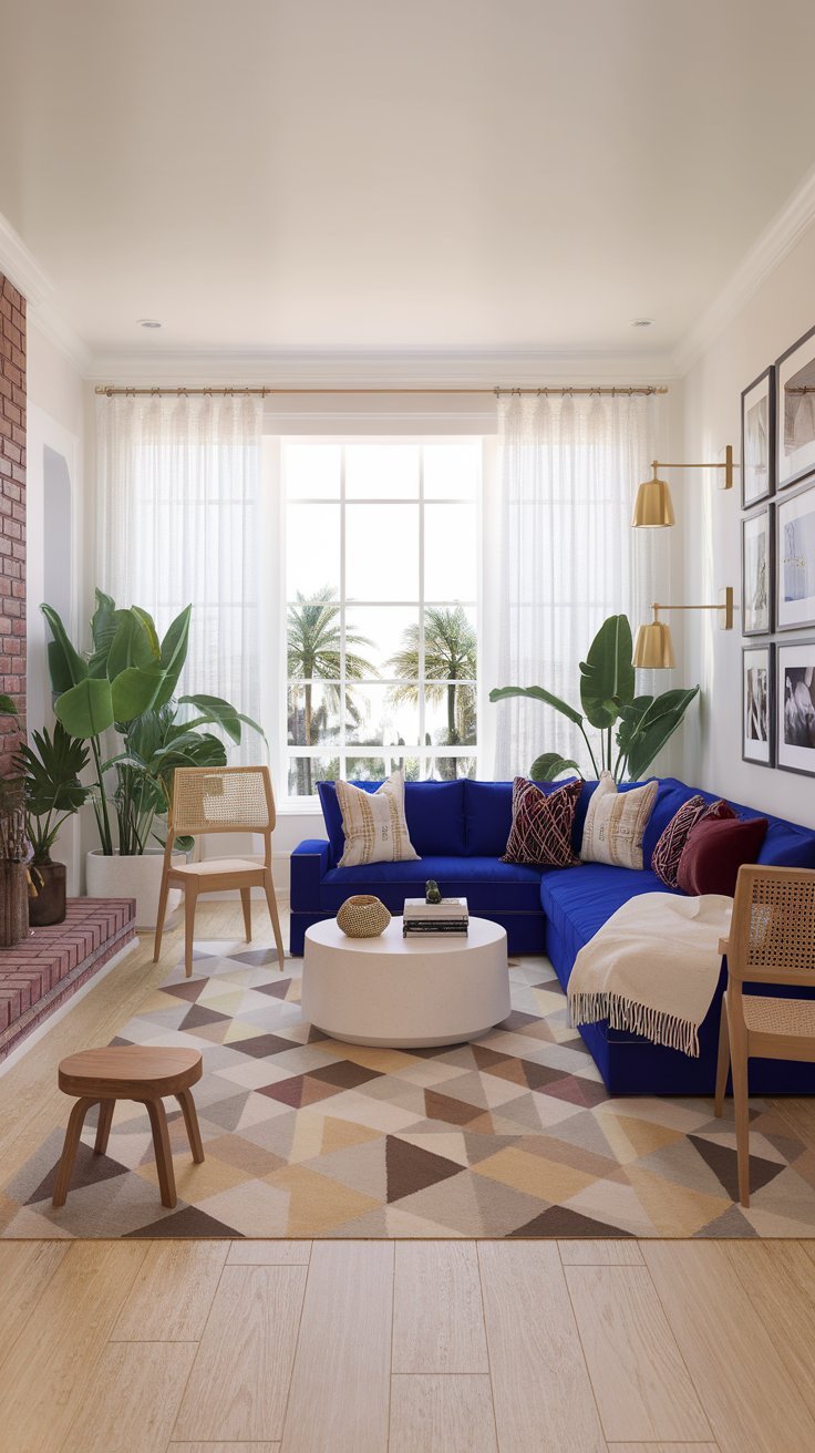 Bright living room with a bold blue sectional, large window, tropical plants, geometric rug, and modern decor accents.