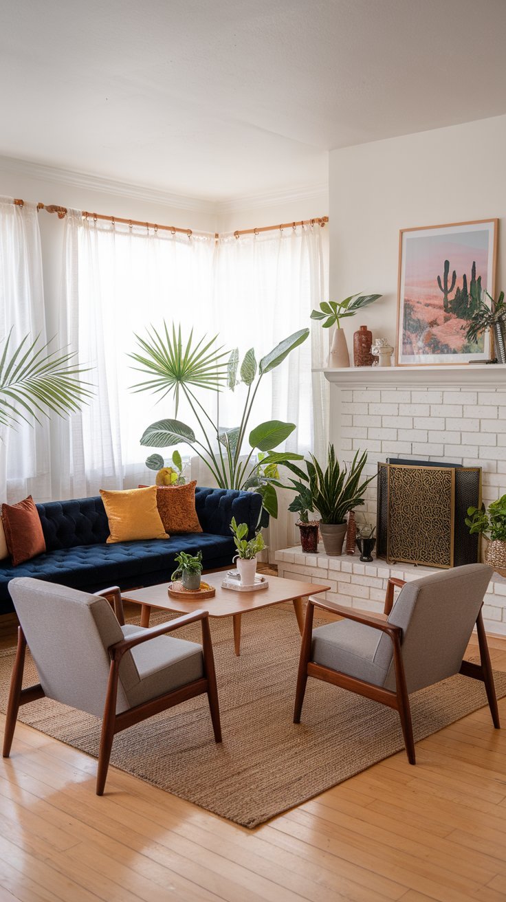 Bohemian-style living room with a navy blue sofa, wooden furniture, abundant greenery, and a white brick fireplace.
