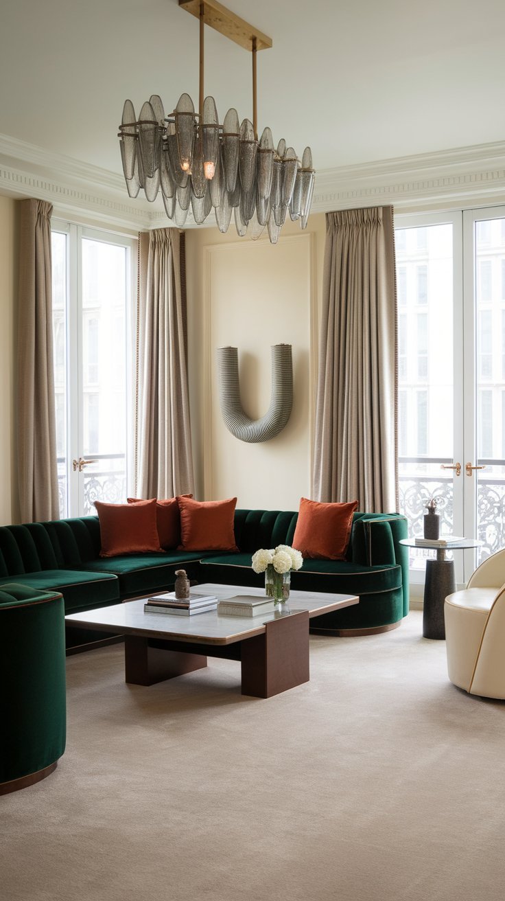 Luxurious living room with a deep green velvet sectional, modern chandelier, and elegant beige curtains.