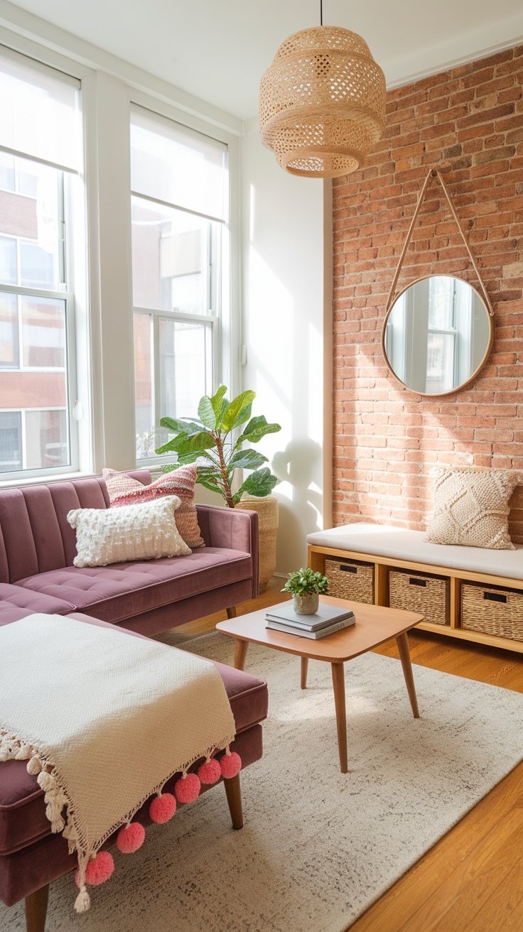 Cozy small living room with a pink velvet sofa, exposed brick wall, and woven pendant light.