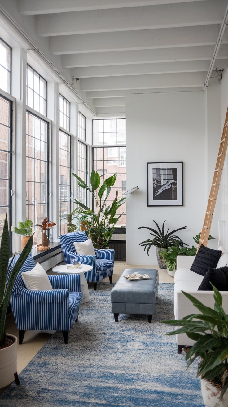 Bright and airy living room with floor-to-ceiling windows, blue accents, and lush greenery.