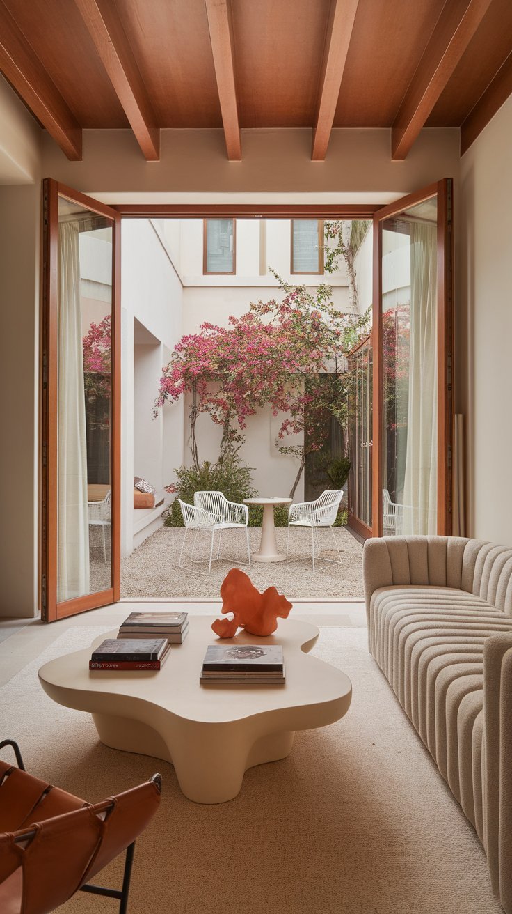 Seamless indoor-outdoor living with warm wood tones, sculptural furniture, and a serene courtyard view.