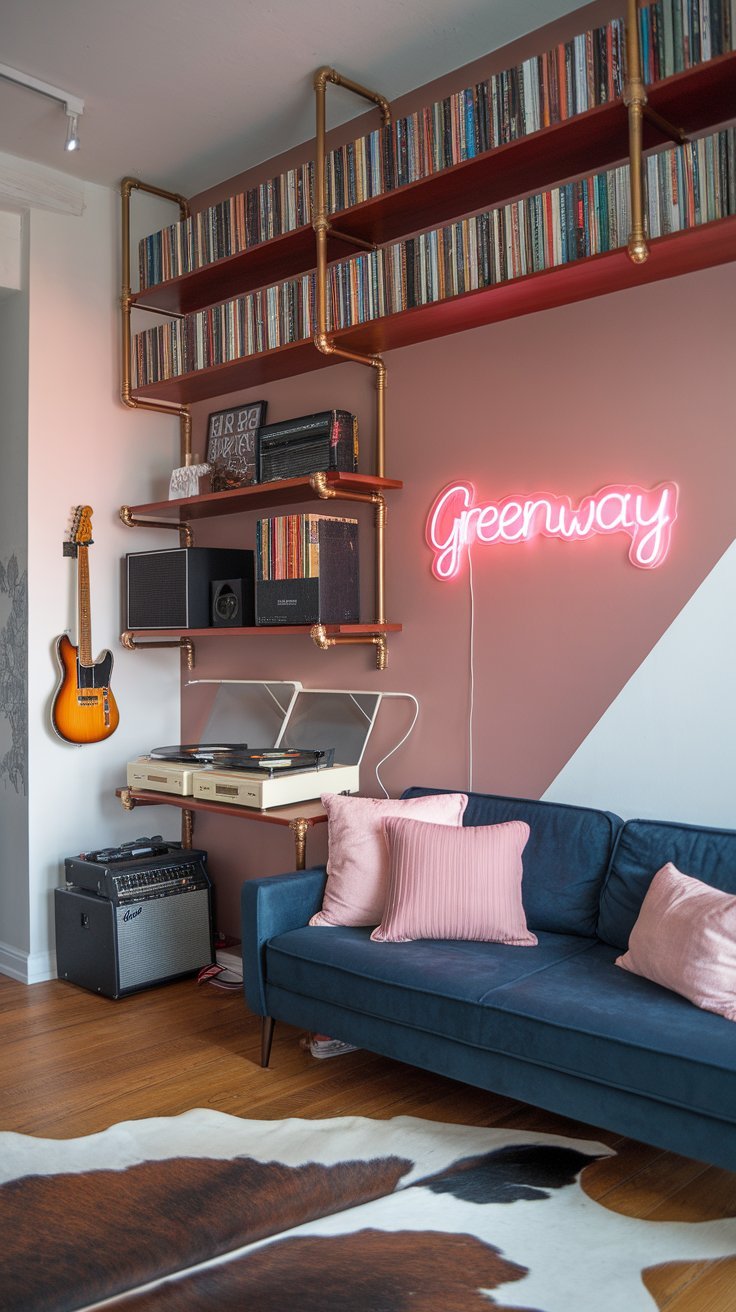 A stylish music-themed living room with industrial pipe shelving, a neon sign, and a cozy velvet sofa.