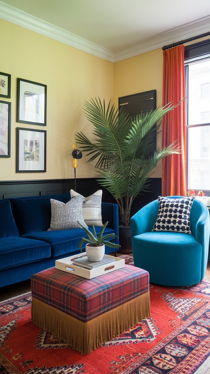 A vibrant living room with bold colors, rich textures, and a mix of modern and vintage elements.