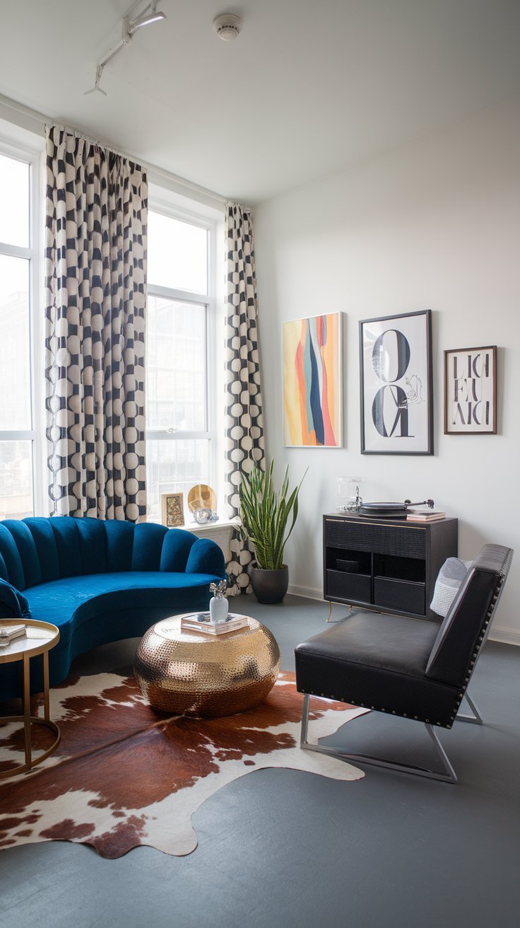 Small apartment living room with a blue velvet sofa, gold coffee table, cowhide rug, and modern decor.