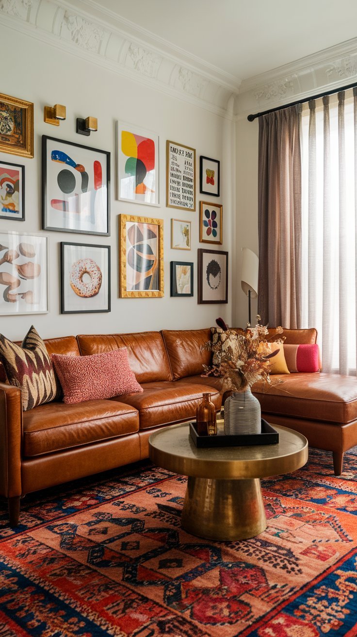 Cozy living room with a brown leather sectional, gold coffee table, vibrant rug, and a gallery wall of eclectic artwork.