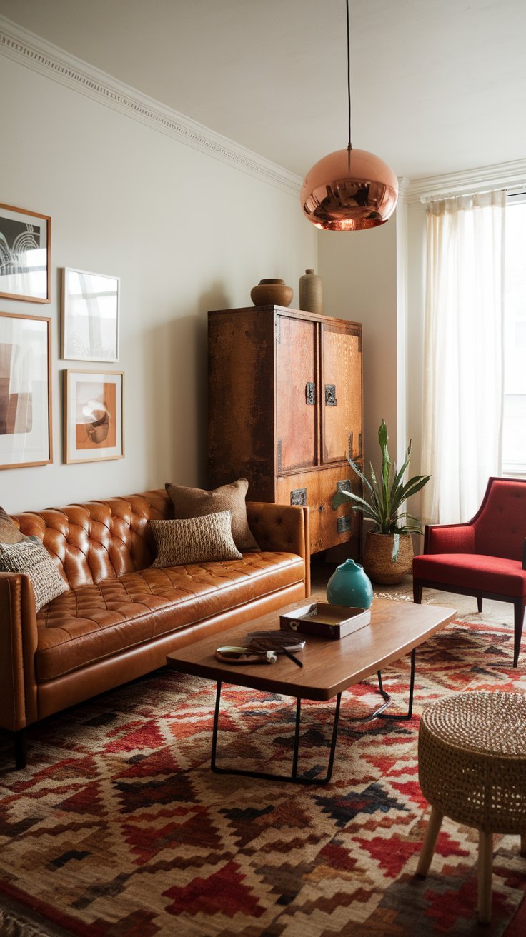 Warm-toned living room with a tufted leather sofa, vintage cabinet, patterned rug, and copper pendant light.