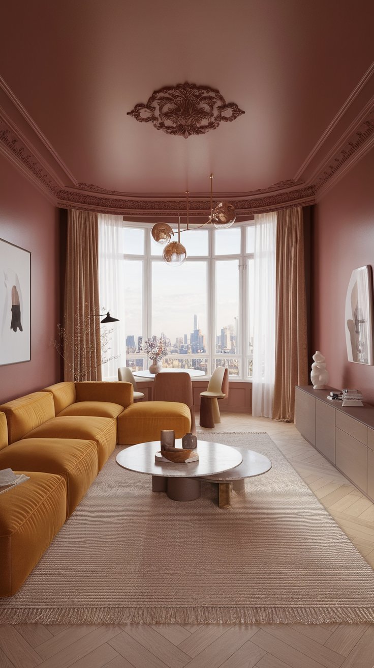 Elegant living room with a mustard sectional, round marble coffee table, ornate ceiling details, and a city view through large windows.