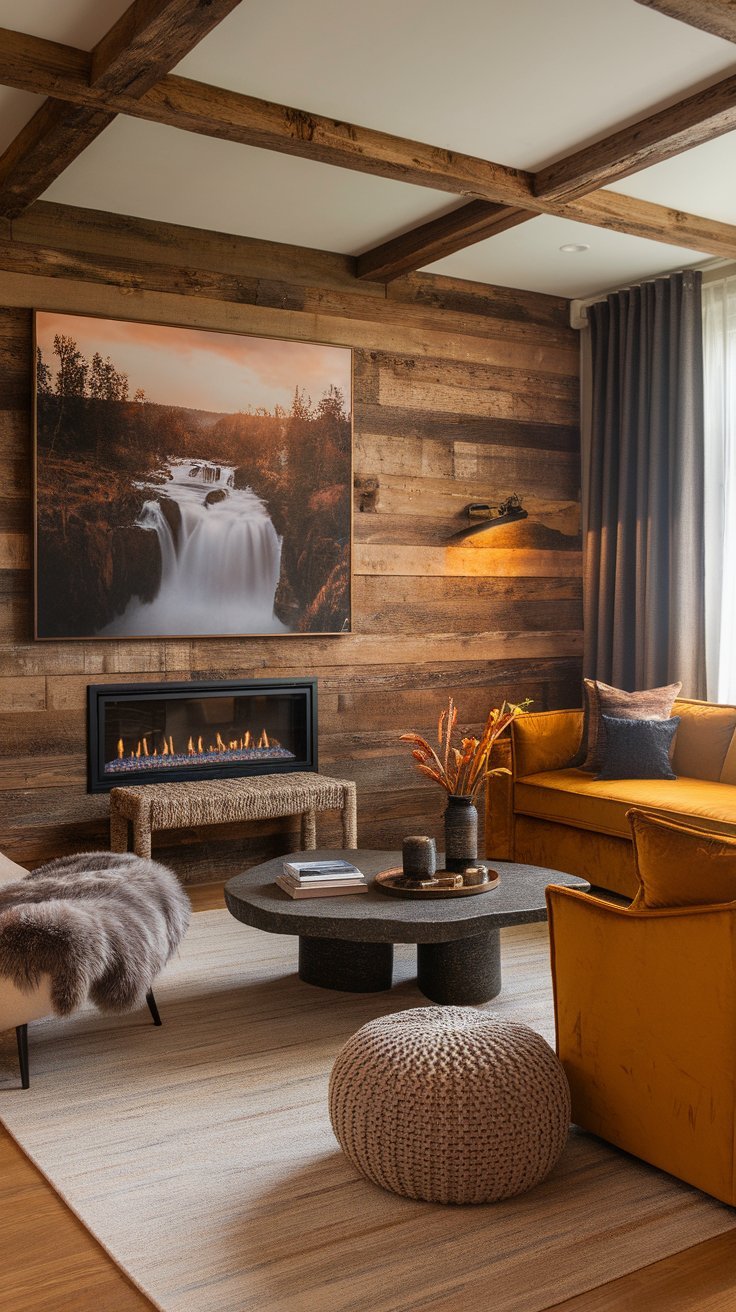 Rustic living room with wood-paneled walls, a fireplace, mustard velvet seating, and a cozy textured rug.