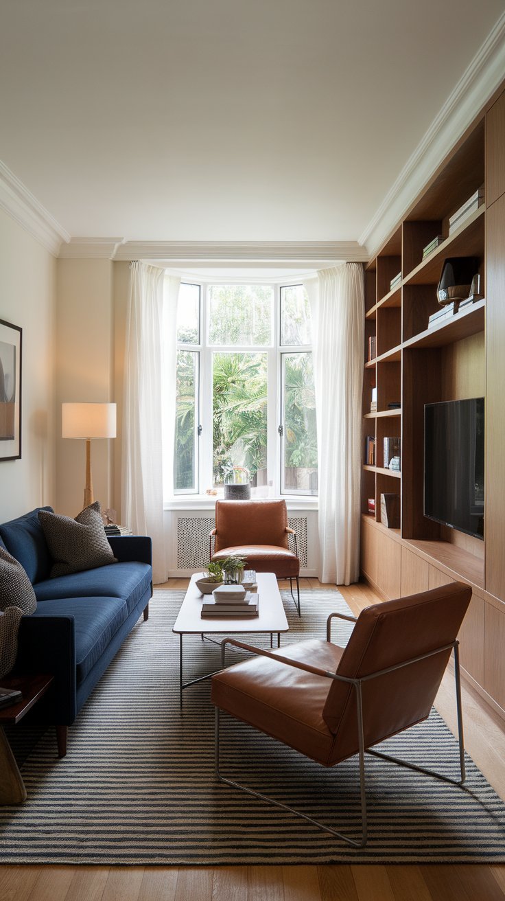 Modern living room with a blue sofa, leather chairs, built-in wooden shelves, and a large window with garden views.