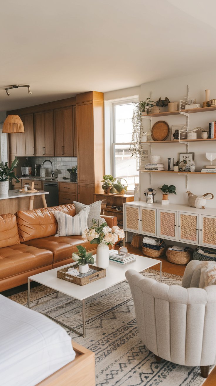 Warm and cozy small living room with a tan leather sofa, white coffee table, and open shelving.