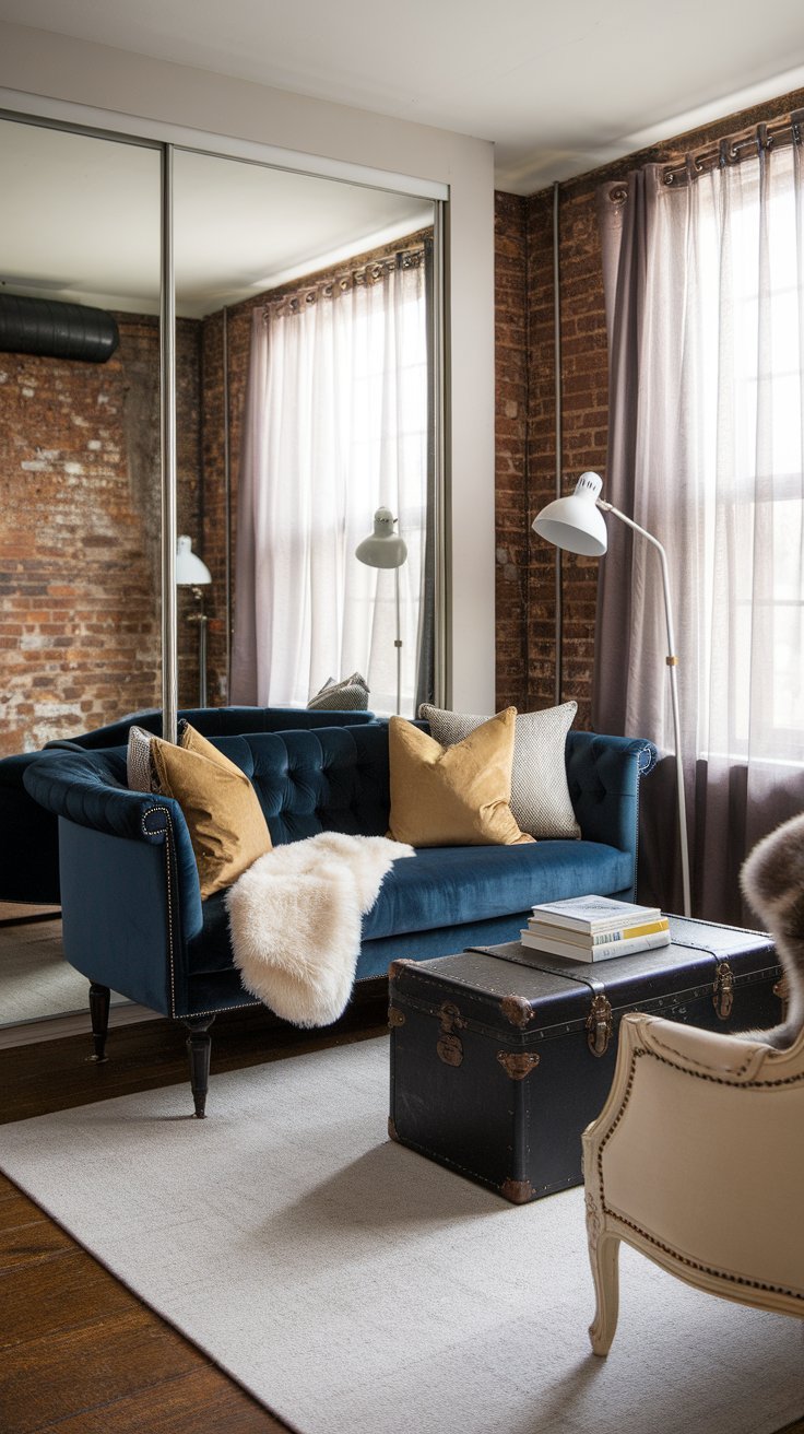 Industrial-style living room with an exposed brick wall, blue tufted sofa, vintage trunk coffee table, and large mirrored closet.