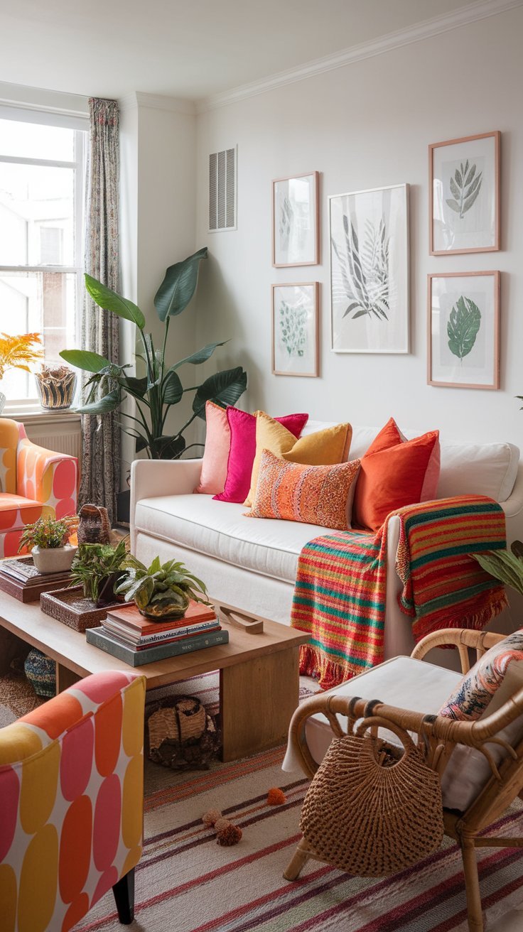 Vibrant living room with a white sofa, colorful pillows, patterned chairs, houseplants, and botanical wall art.