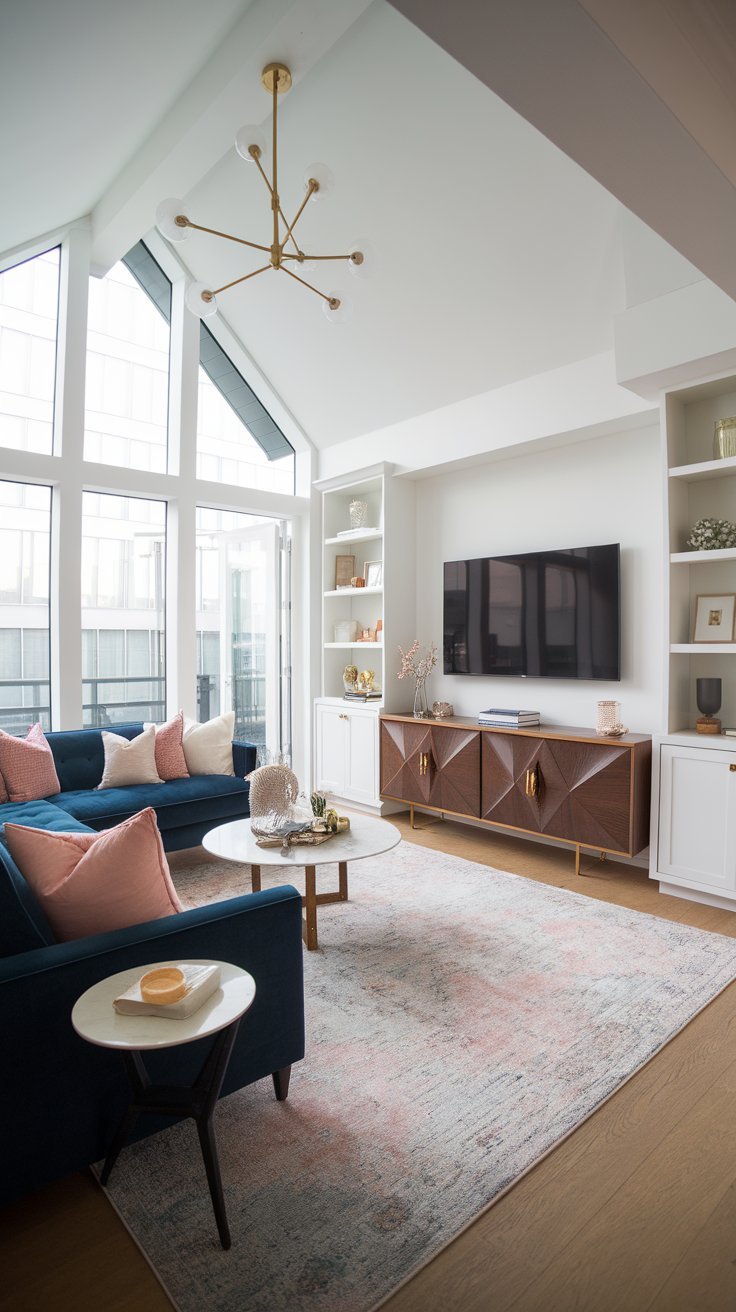 Bright modern living room with a navy blue sofa, pink accents, vaulted ceiling, large windows, and a stylish media console.