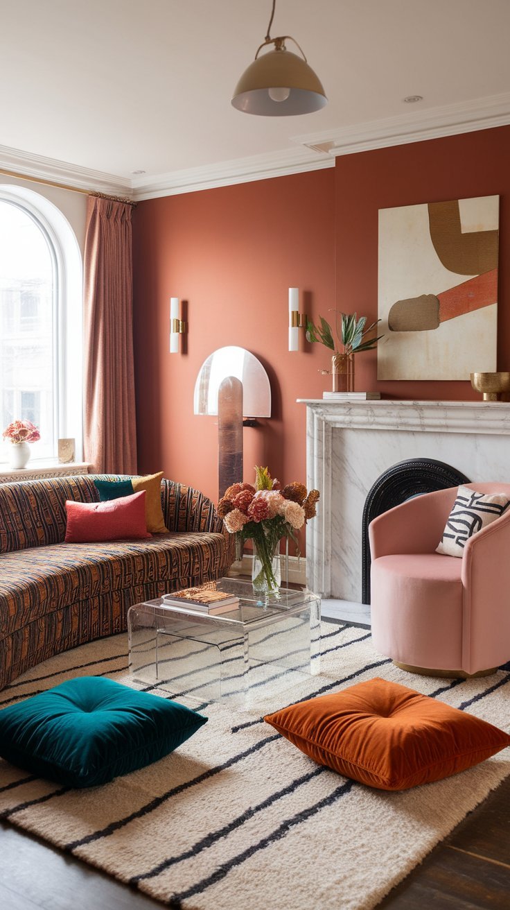 Eclectic living room with terracotta walls, a patterned sofa, a pink armchair, a marble fireplace, and colorful floor cushions.