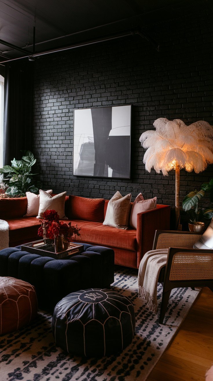 Moody living room with a black brick wall, rust-colored sofa, plush ottomans, and a feather floor lamp.