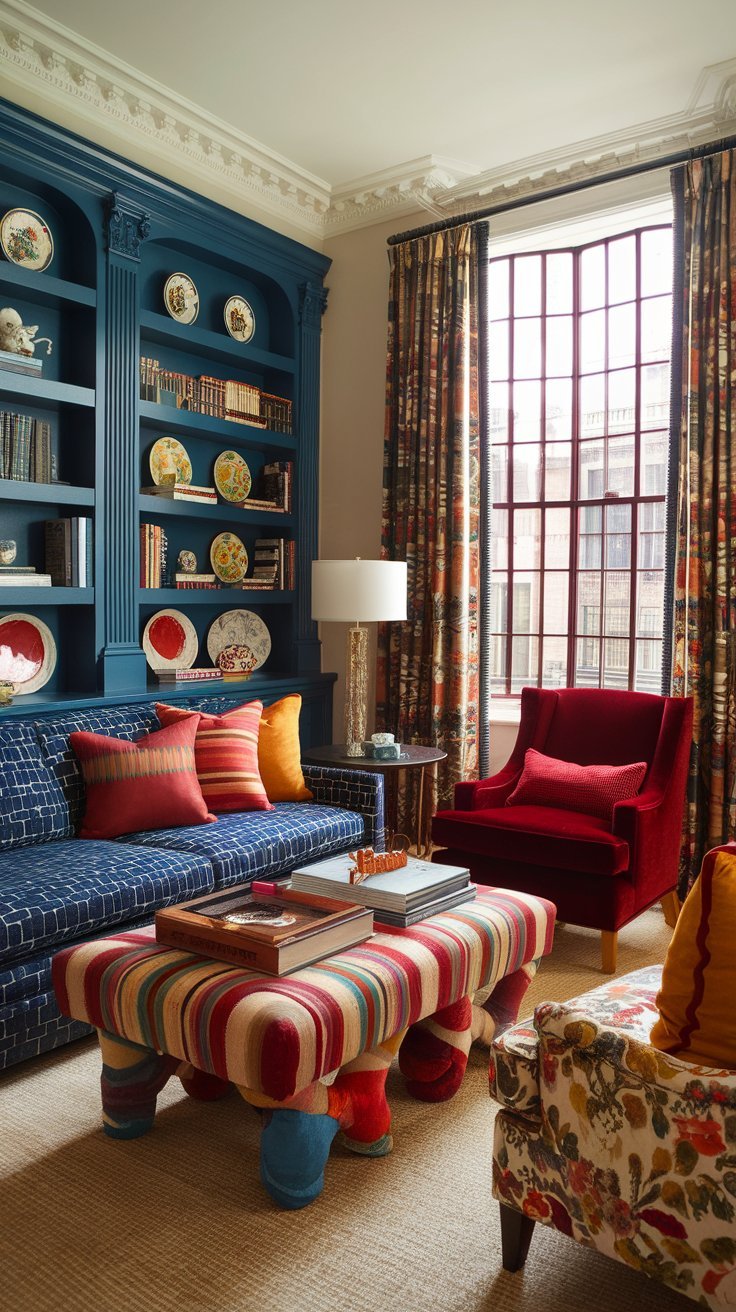 Eclectic living room with a blue built-in bookshelf, patterned sofa, colorful striped ottoman, and red velvet armchair.