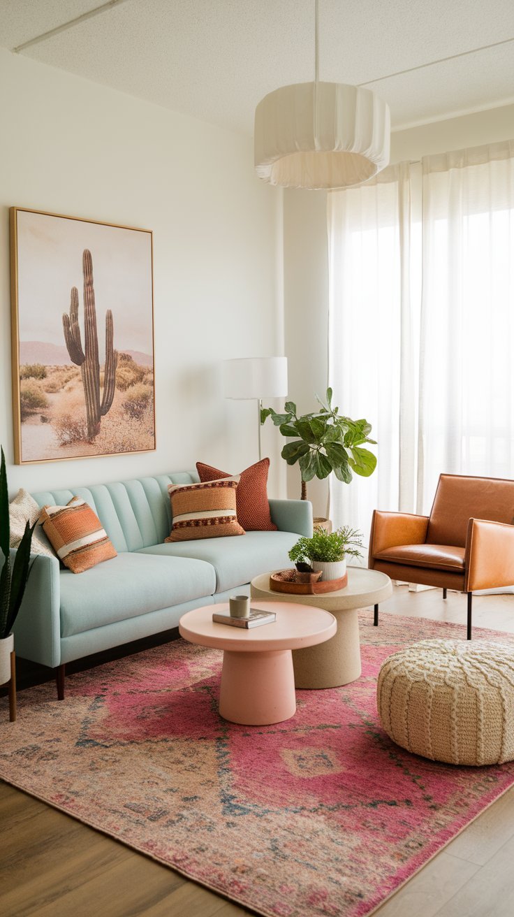Stylish small living room with a pastel blue sofa, pink accent tables, and a vibrant patterned rug.