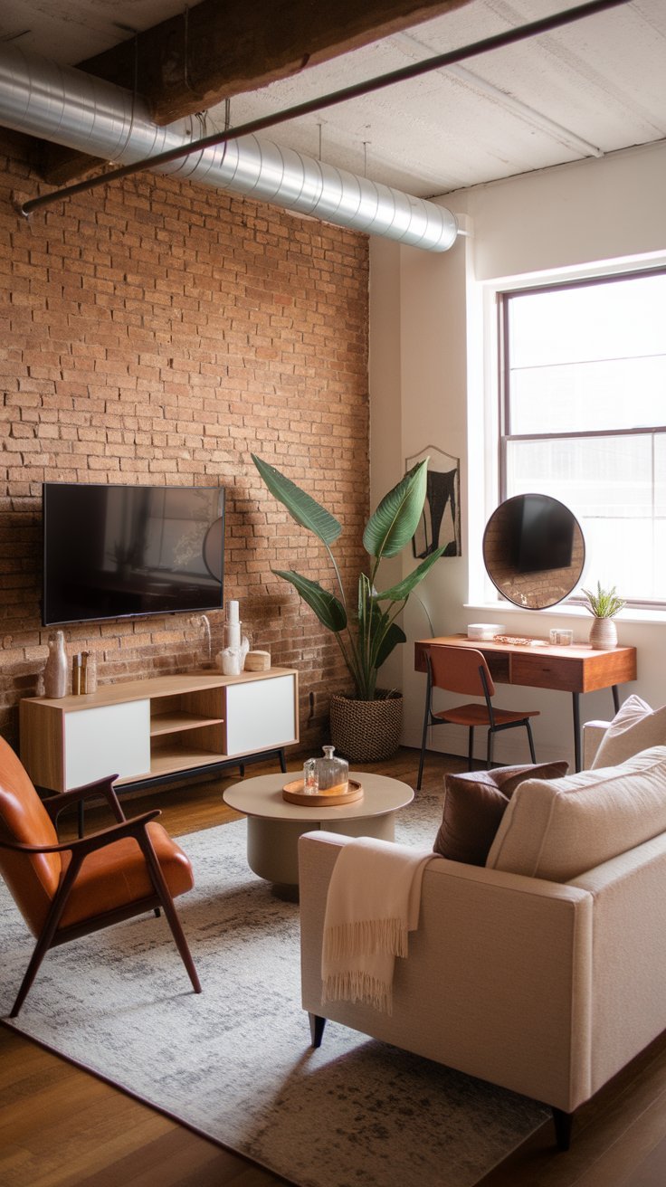 Industrial-style small living room with exposed brick wall, cozy seating, and a workspace by the window.

