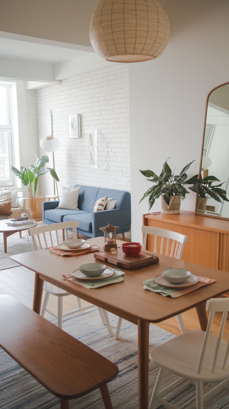 Bright and airy small living room with a dining area, wooden furniture, and a cozy blue sofa against a white brick wall.