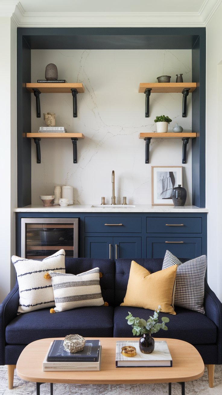 Stylish small living room with a navy blue sofa, a built-in kitchenette, and open wooden shelves with modern decor.