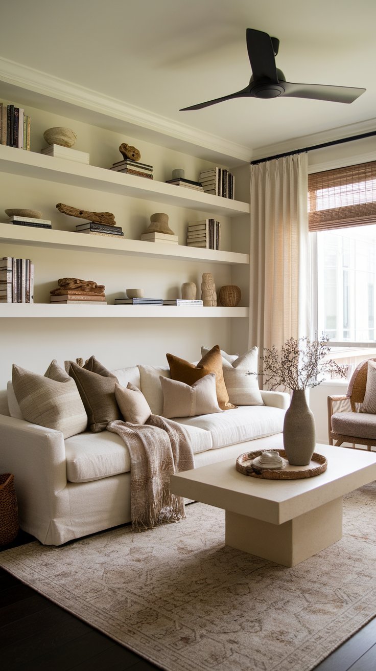 Cozy neutral-toned living room with a white sofa, built-in shelves filled with books and decor, and a modern ceiling fan.