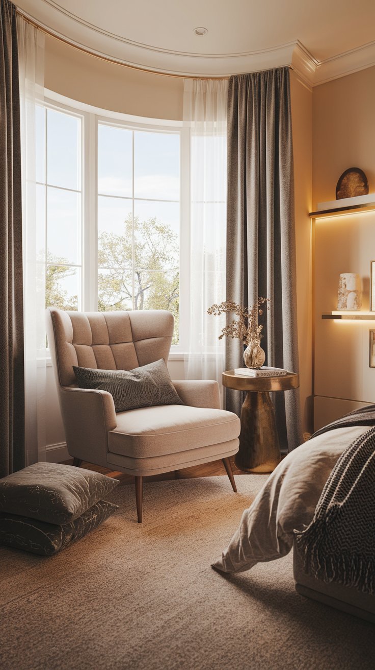 Bedroom corner with a cozy armchair, side table, and soft throw blanket for a relaxing nook.