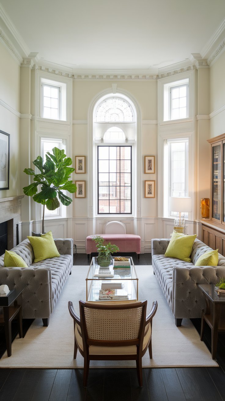 Stylish small living room with gray sofas, a glass coffee table, and a large arched window.